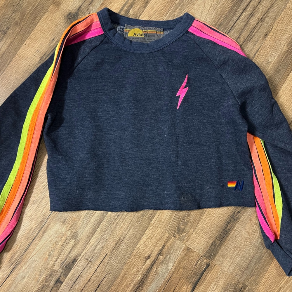 Aviator Nation bolt embroidery classic cropped heather navy sweatshirt